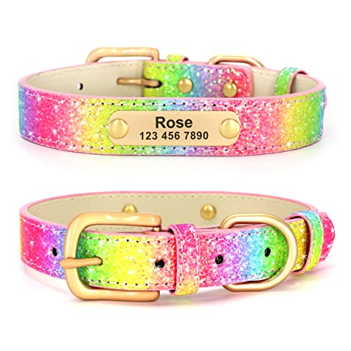 Didog Glitzernde Hundehalsbänder, personalisiertes Hundehalsband PU-Leder glitzernden Bling-Pailletten, individuelle Hundehalsbänder graviertem Namensschild kleine mittelgroße Hunde Katzen, Regenbo M von Didog