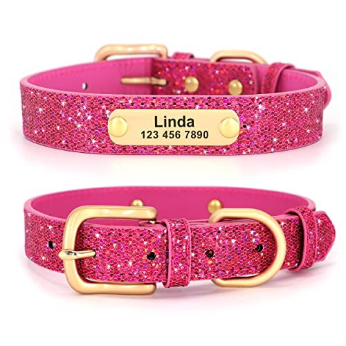 Didog Glitzer-Hundehalsband, personalisierbar, PU-Leder glitzernden Pailletten, personalisierbares Hundehalsband graviertem Namensschild für kleine, mittelgroße Hunde und Katzen, Hot Pink, Größe M von Didog