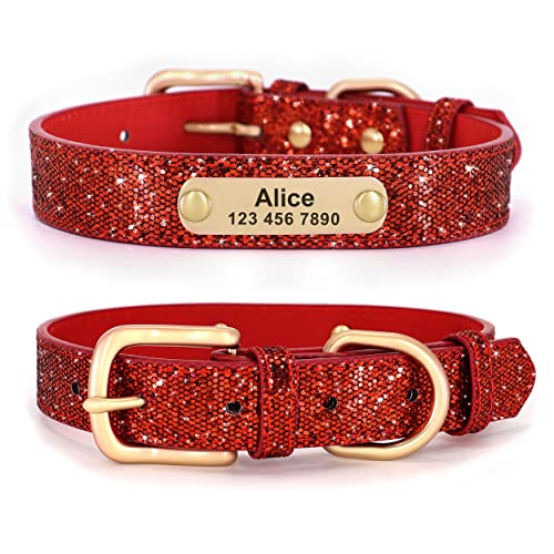 Didog Glitzer-Hundehalsband, personalisierbar, PU-Leder mit glitzernden Pailletten, personalisierbares Hundehalsband mit graviertem Namensschild für kleine, mittelgroße Hunde und Katzen, Rot, Größe S von Didog