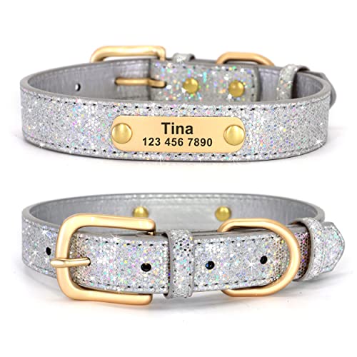 Didog Glitzer-Hundehalsband, personalisierbar, PU-Leder mit glitzernden Pailletten, personalisierbares Hundehalsband mit graviertem Namensschild für kleine, mittelgroße Hunde und Katzen, Silber, S von Didog