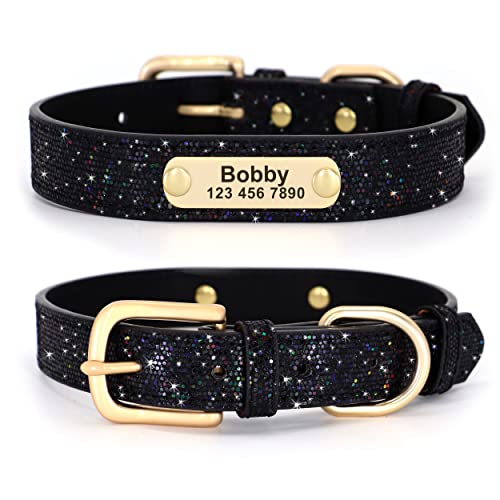 Didog Glitzer-Hundehalsband, personalisierbar, PU-Leder mit glitzernden Pailletten, personalisierbares Hundehalsband mit graviertem Namensschild für kleine, mittelgroße Hunde und Katzen, schwarz, L von Didog