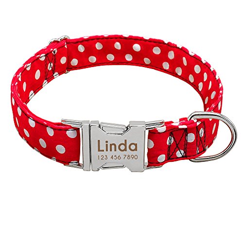 Didog Hundehalsband, weiches Nylon mit Edelstahl-Schnellverschluss-Schnalle, Punktemuster mit Namensschild, für kleine, mittelgroße Hunde, Rot, Größe M von Didog