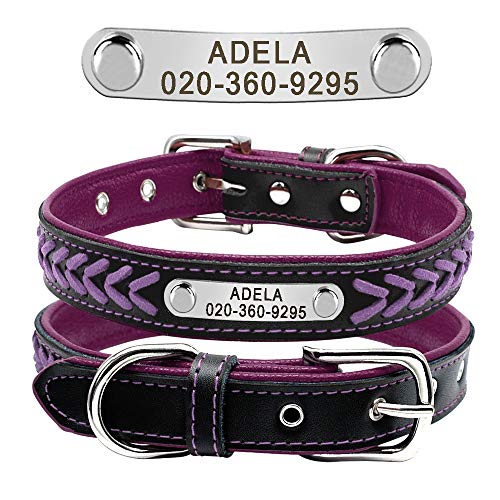 Didog Hundehalsband aus geflochtenem Leder, mit Gravur und personalisiertem Namensschild für kleine, mittelgroße und große Hunde, Violett, Größe L von Didog