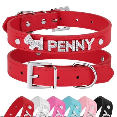 Didog Benutzerdefinierte Hundehalsbänder aus glattem PU-Leder mit Strasssteinen, personalisierbar, für kleine und mittelgroße Hunde, rot, S von Didog