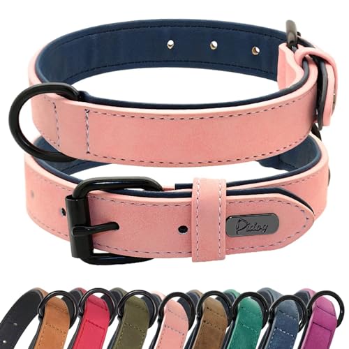 Didog Hundehalsband aus weichem, gepolstertem Leder, atmungsaktives, strapazierfähiges Hundehalsband aus Leder mit Verstellbarer, rostfreier Metallschnalle für mittelgroße und große Hunde, Rosa, L von Didog