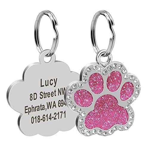 Didog Haustiermarken mit Glitzersteinen, Pfotenabdruck, personalisierbar, aus Edelstahl, für kleine, mittelgroße und große Hunde und Katzen, Pink von Didog