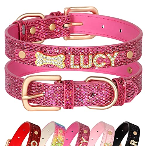 Didog Personalisierte Glitzer-Hundehalsbänder, PU-Leder, benutzerdefinierte Hundehalsbänder mit glitzernden Strasssteinen, Haustiername für kleine, mittelgroße Hunde und Katzen, Hot Pink, M von Didog