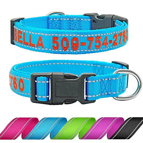 Didog Personalisiertes Besticktes Hundehalsband mit Namen und Telefonnummer, reflektierendes Hundehalsband für kleine, mittelgroße und große Hunde, blaues Halsband, orangefarbener Faden von Didog