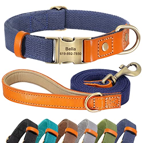 Didog Personalisiertes Hundehalsband und 1,5 m Leinen-Set für kleine, mittelgroße und große Hunde, langlebige Hundehalsbänder, verstellbar mit gravierter Metallschnalle, marineblau, Set, Größe M von Didog