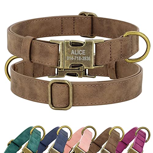 Didog Personalisiertes Leder-Hundehalsband, weiches langlebiges individuelles verstellbares Hundehalsband Namensschild Schnellverschluss-Metallschnalle für kleine, mittelgroße große Hunde, braun, M von Didog