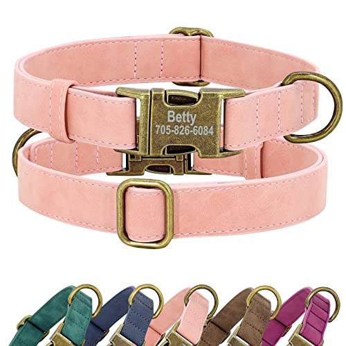 Didog Personalisiertes Leder-Hundehalsband, weiches langlebiges individuelles verstellbares Hundehalsband mit Namensschild Schnellverschluss-Metallschnalle für kleine, mittelgroße große Hunde, Rosa, L von Didog