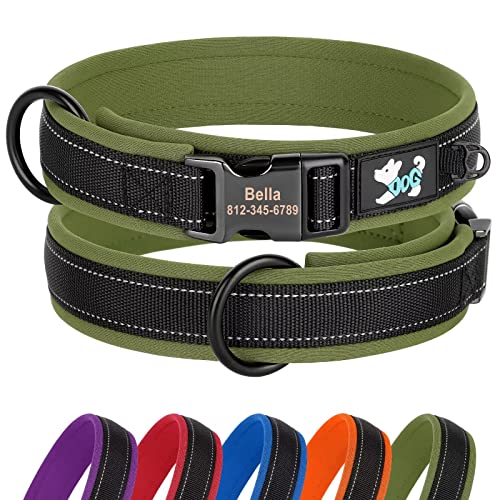 Didog Personalisiertes Nylon-Hundehalsband, weiches Neopren gepolstert, individuelle Hundehalsbänder, reflektierendes Hundehalsband graviertem Namensschild kleine, mittelgroße große Hunde, grün, L von Didog