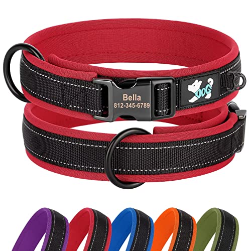 Didog Personalisiertes Nylon-Hundehalsband, weiches Neopren gepolstert, individuelle Hundehalsbänder, reflektierendes Hundehalsband graviertem Namensschild kleine, mittelgroße große Hunde, rot, L von Didog