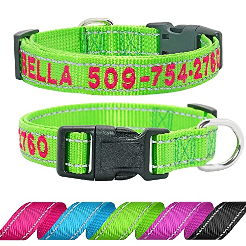 Didog Personalisiertes Besticktes Hundehalsband mit Namen und Telefonnummer, reflektierendes Hundehalsband für kleine, mittelgroße und große Hunde, grünes Halsband, Pinker Faden von Didog