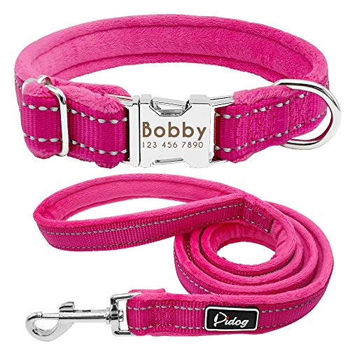 Didog Weich gepolstertes Hundehalsband und Leine, Flanell-gepolstertes Hundehalsband-Set, reflektierendes Halsband mit Gravur, mit 122 cm Langer Leine, Rosa, kleine Größe von Didog