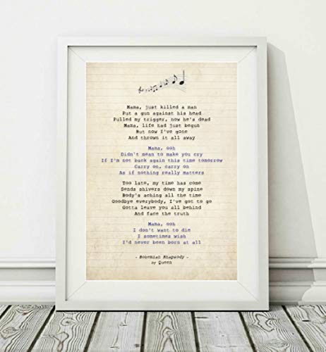 Didymus Co Queen – Bohemian Rhapsody (v.2) – Songtext (ungerahmt) – Größen A4 (29,7 x 21 cm) und A3 (42 x 29,7 cm) (A3) von Didymus Co