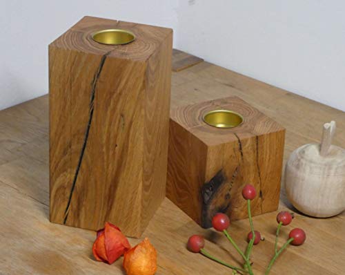 Teelichhalter Holz Eiche Massivholz Kerzenständer Teelicht Eichenholz 2er Set Herbstdeko (Messing) von Die Gartenbeet-Kiste