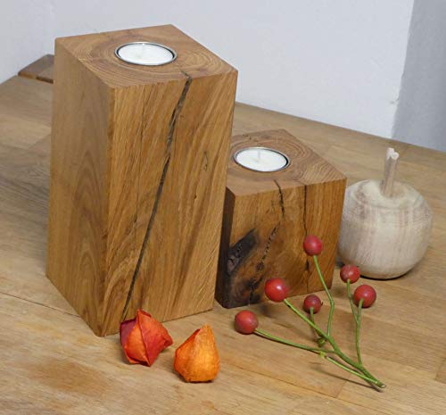 Teelichhalter Holz Eiche Massivholz Kerzenständer Teelicht Eichenholz 2er Set Herbstdeko (Metall) von Die Gartenbeet-Kiste