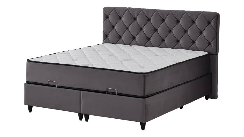 Boxbett 180 x 200 cm - grau - blau - Bettkasten - Stoffbezug - CROSS von Die Möbelfundgrube