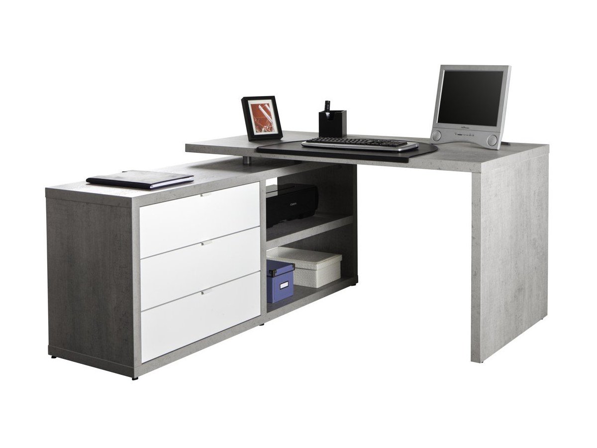 Eck-Schreibtisch 150 cm Betonoptik - weiß hochglanz - PRATICO von Die Möbelfundgrube