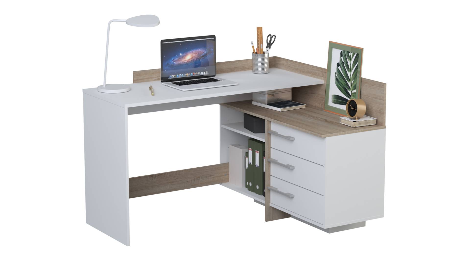 Eck-Schreibtisch Sonoma Eiche weiß 129 x 106 cm - THALES Eck-Schreibtisch Sonoma Eiche weiß 129 x 106 cm - THALES von Die Möbelfundgrube