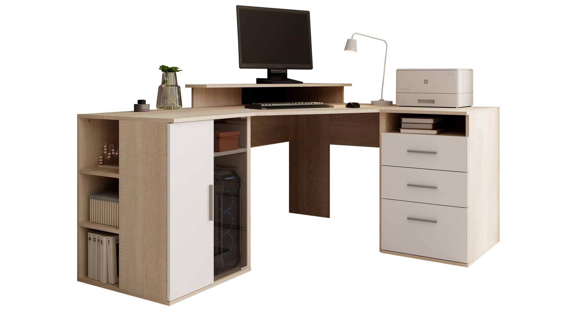 Eck-Schreibtisch Sonoma Eiche - weiß 174 cm - EFFECT von Die Möbelfundgrube