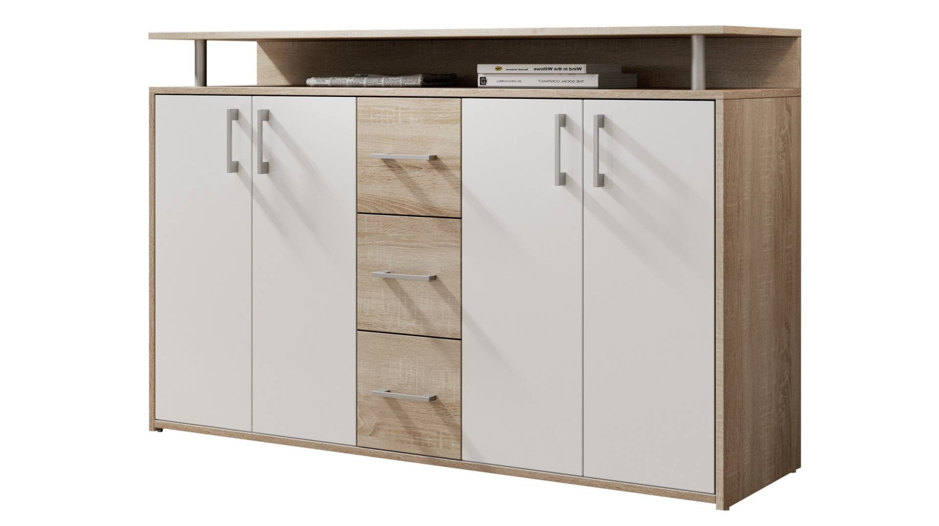 Highboard Sonoma Eiche - weiß - 4-türig - 139 cm - DRIFT von Die Möbelfundgrube