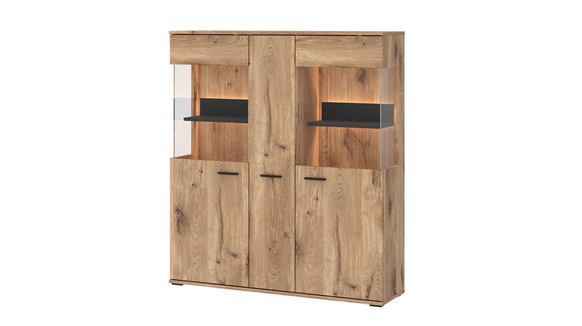 Highboard mit 2 Glastüren Viking Eiche - Beleuchtung 115 cm - PARDOO von Die Möbelfundgrube