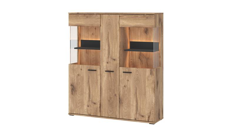 Highboard mit 2 Glastüren Viking Eiche - Beleuchtung 115 cm - PARDOO von Die Möbelfundgrube