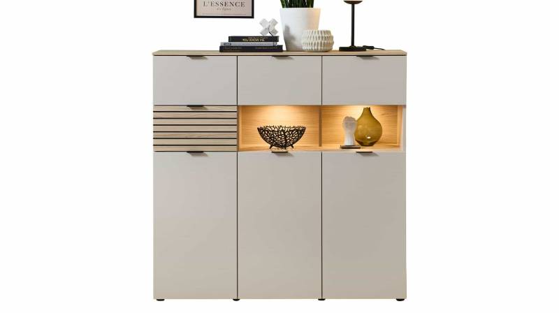 Highboard mit Beleuchtung beige - Riva Eiche 125 cm - INA von Die Möbelfundgrube
