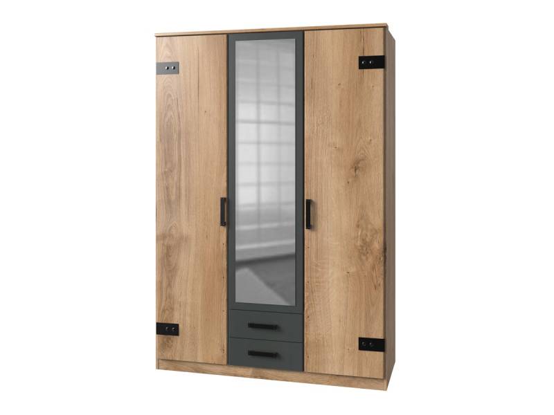 Kleiderschrank mit Spiegel Plankeneiche - graphit - 135 cm LIVERPOOL von Die Möbelfundgrube