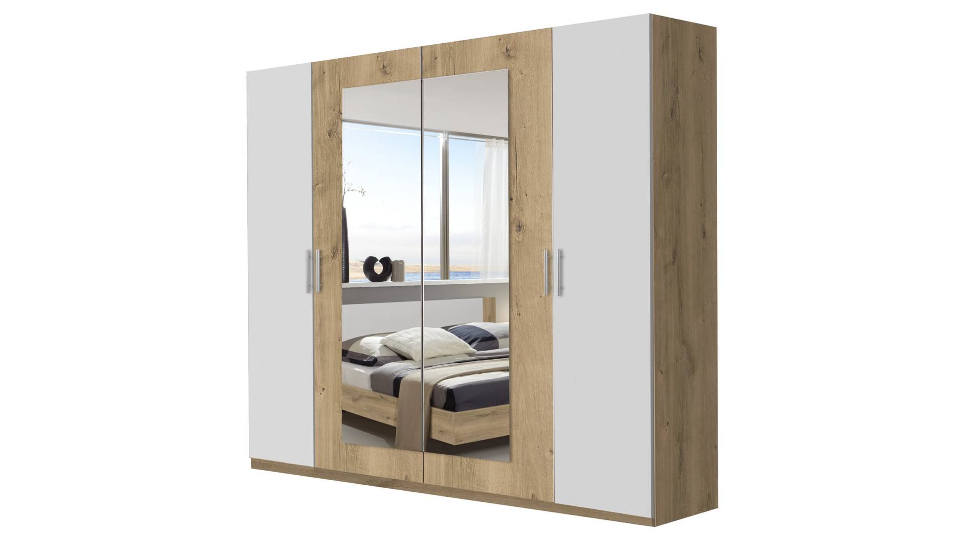 Kleiderschrank mit Spiegel - Plankeneiche - weiß - 225 cm - NORA Kleiderschrank mit Spiegel - Plankeneiche - weiß - 225 cm - NORA von Die Möbelfundgrube