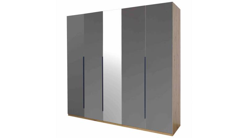 Kleiderschrank mit Spiegel grau hochglanz - Eiche 230 cm - SPOSAMI von Die Möbelfundgrube