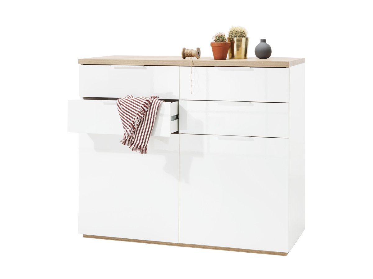 Kommode weiß hochglanz - Riviera Eiche 120 cm - MUNDI von Die Möbelfundgrube