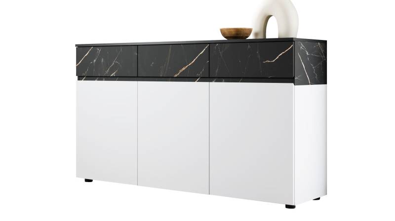 Sideboard mit 3 Schubladen weiß - Marmoroptik 150 cm - MODATO von Die Möbelfundgrube