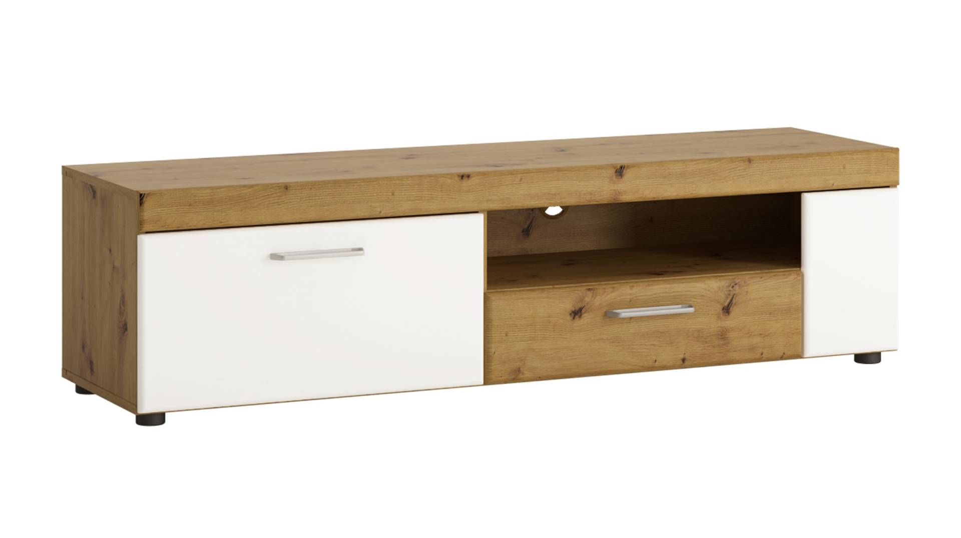 TV - Lowboard Artisan Eiche weiß hochglanz 149 cm - AGORDO von Die Möbelfundgrube