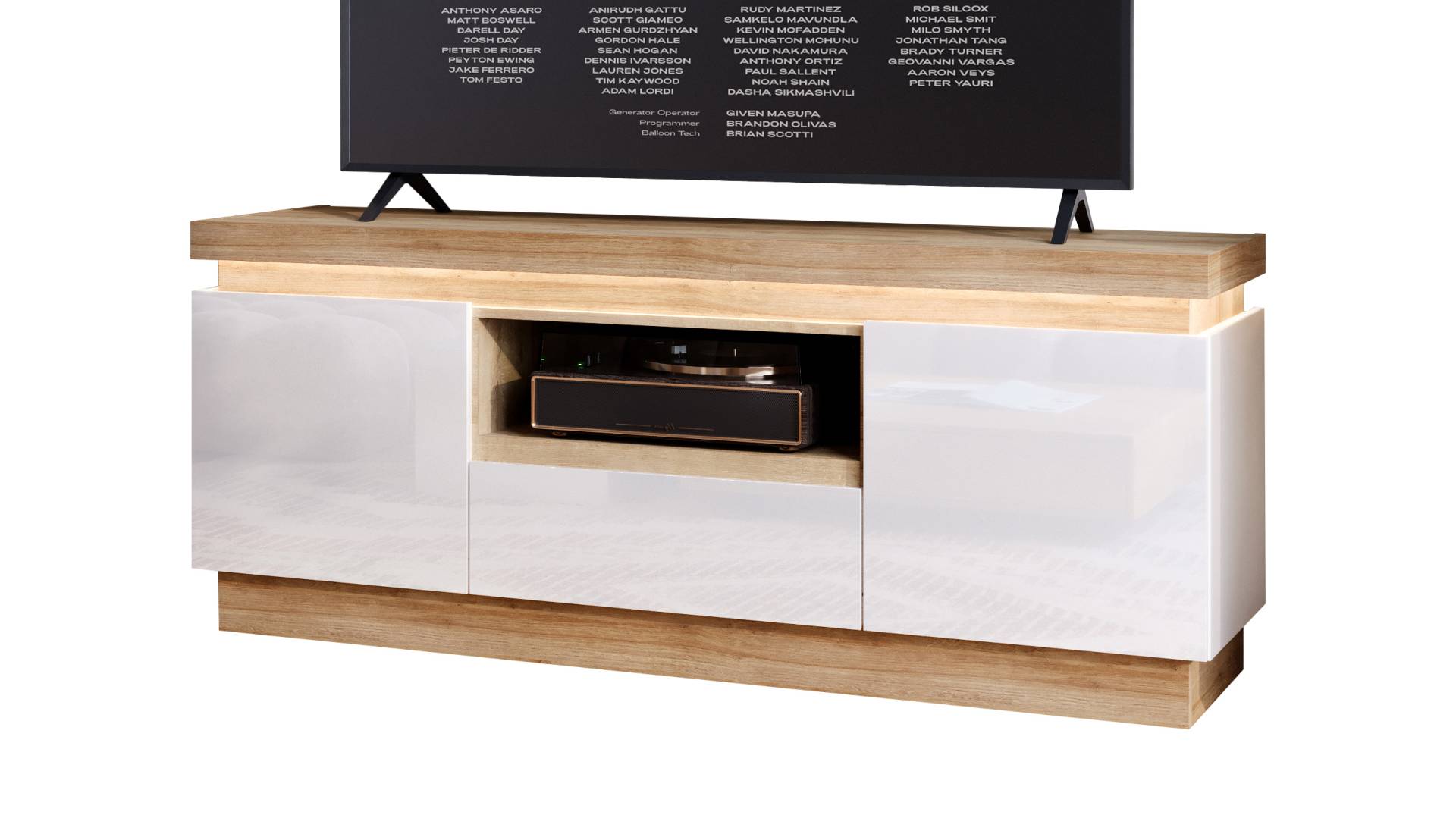 TV - Lowboard mit Beleuchtung weiß Hochglanz - Eiche 160 cm - LYON von Die Möbelfundgrube