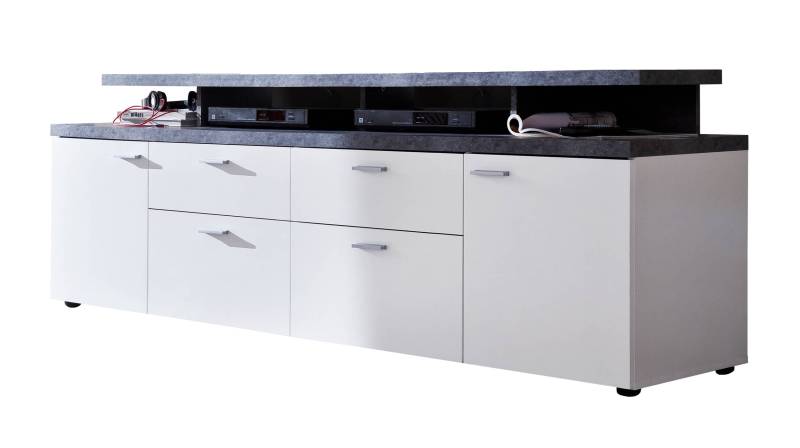 TV-Lowboard weiß - Steinoptik dunkel 180 cm - MOOD von Die Möbelfundgrube