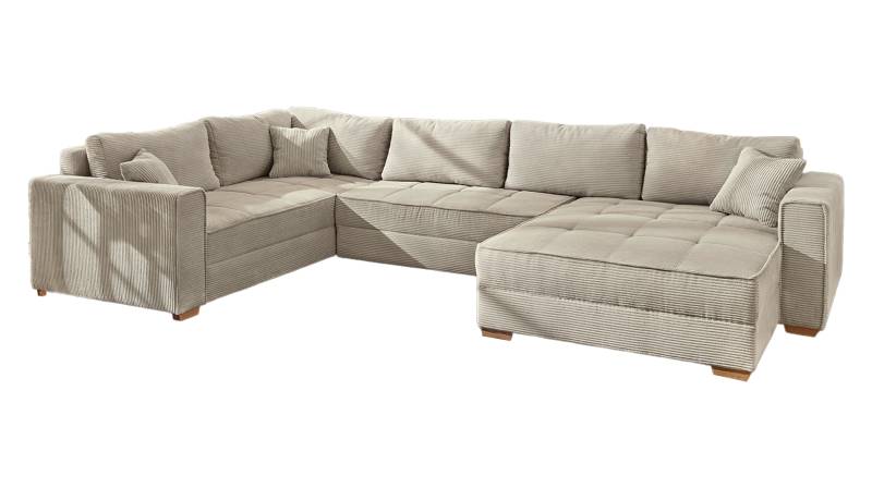 Wohnlandschaft Schlaffunktion Cord beige Bettkasten 379 cm - ALBA von Massivart