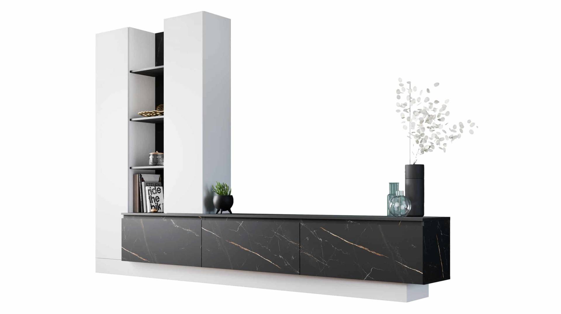 Wohnwand weiß - Marmoroptik 295 cm Anbauwand - MODATO von Die Möbelfundgrube