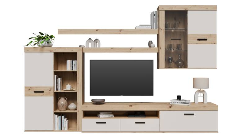 Wohnwand beige Artisan Eiche 300 cm LED-Beleuchtung - ZUMBA von Die Möbelfundgrube