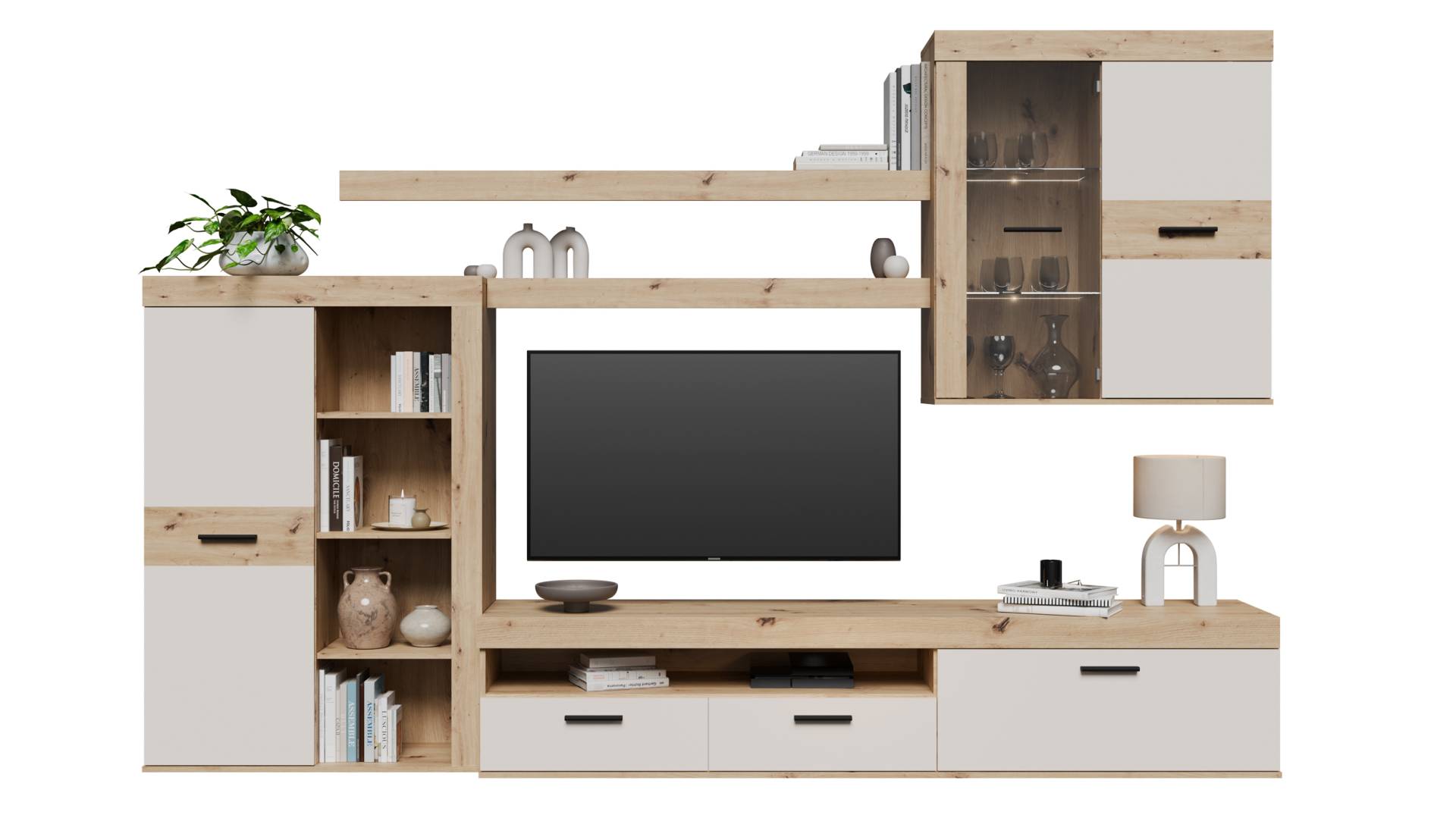 Wohnwand beige Artisan Eiche 300 cm LED-Beleuchtung - ZUMBA von Die Möbelfundgrube