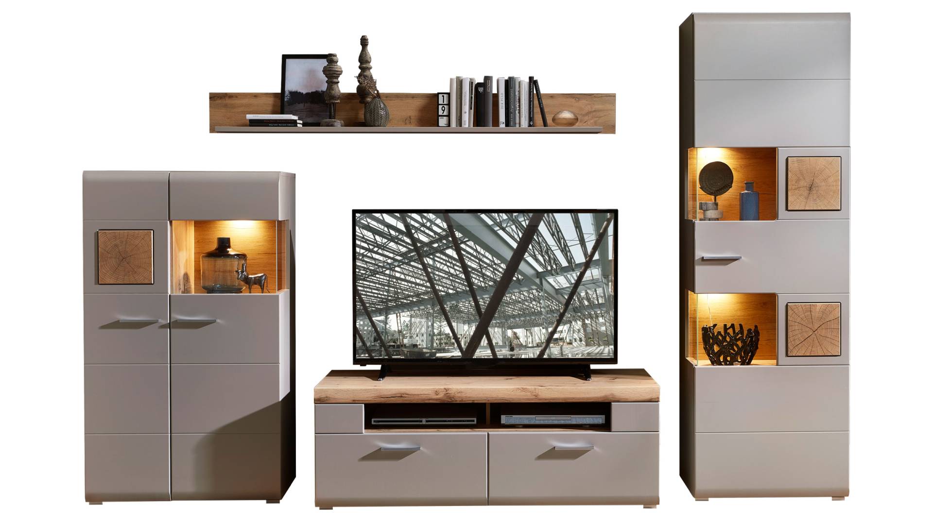 Wohnwand grau - Eiche 325 cm - LED-Beleuchtung - FUN PLUS von Die Möbelfundgrube