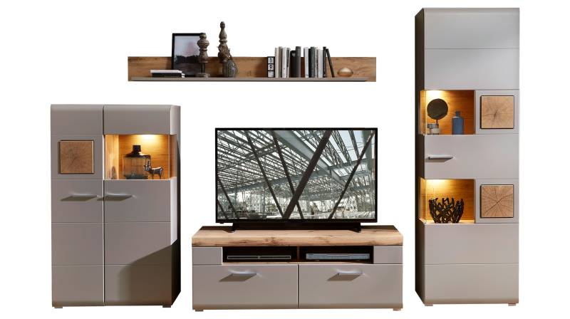 Wohnwand grau - Eiche 325 cm - LED-Beleuchtung - FUN PLUS Wohnwand grau - Eiche 325 cm - LED-Beleuchtung - FUN PLUS von Die Möbelfundgrube