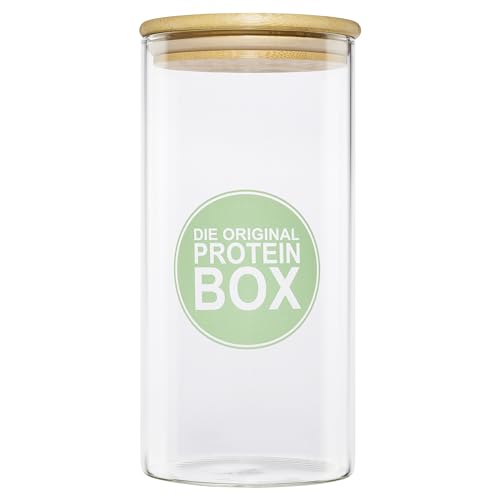 Die Original Proteinbox mit Bambusdeckel - Proteinpulver Aufbewahrung - Proteinpulver Behälter - Luftdichte Proteinpulver Box aus Glas mit Silikonring - Proteinpulver Dose 0,5 kg von Die Original Reiswaffelbox