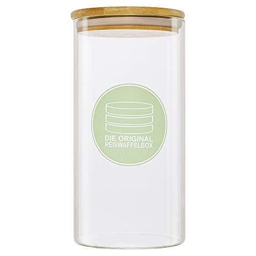 Die Original Reiswaffelbox mit Bambusdeckel - Reiswaffeldose aus Glas mit Silikonring - Luftdichte Reiswaffel Dose - Reiswaffelbehälter - Reiswaffel Aufbewahrung - für Reiswaffeln bis 9,5 cm von Die Original Reiswaffelbox