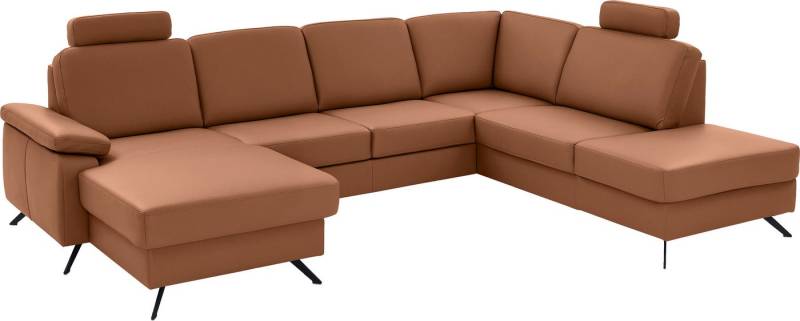 Die PlanBar Wohnlandschaft PN-EM15047 U-Form, mit Kopfstützen, Echtleder, wahlweise mit Bettfunktion u. Stauraum von Die PlanBar