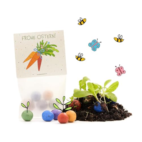 Ostergeschenk "Frohe Ostern" – Mit bunten Blumenmurmeln l 10 x 5 kleine Saatkugeln in einem Tütchen mit fröhlichem Möhren-Motiv l Geschenk zu Ostern l Geschenkidee Ostern l Ideal fürs Osternest Ostergeschenk "Frohe Ostern" – Mit bunten Blumenmurmeln l 10 x 5 kleine Saatkugeln in einem Tütchen mit fröhlichem Möhren-Motiv l Geschenk zu Ostern l Geschenkidee Ostern l Ideal fürs Osternest von Die Stadtgärtner