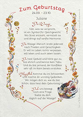 Die Staffelei Geschenk Karte Urkunde Sternzeichen Waage, Zeichnung mit humorvollem Gedicht, A4 Bild-Präsent für Waagen, 24. September bis 23. Oktober, persönlich durch Wunschtext von Die Staffelei