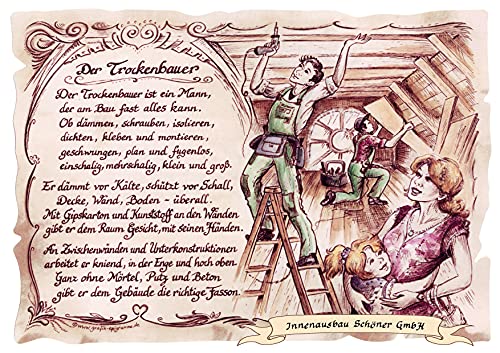 Die Staffelei Geschenk Karte A4 Berufsbild Trockenbauer Trockenbau Zeichnung mit Gedicht, mit Personalisierung von Die Staffelei